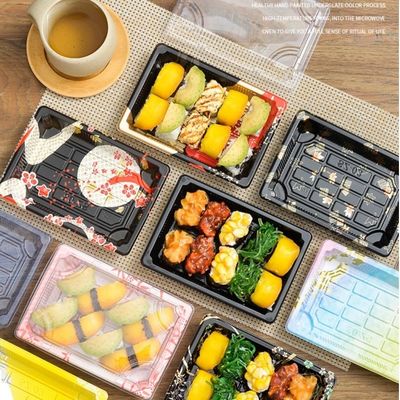 Custom Cake Packaging Transparent Disposable Takeout Sushi Tray Rectangular Plastic Sushi Food Packing Tray Sushi Box with Lid