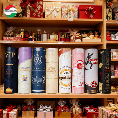 Premium groothandel milieuvriendelijke cilinderpapierdoos met metalen deksel voor wijnglazen fles Biologisch afbreekbare kraftpapierbuissnack