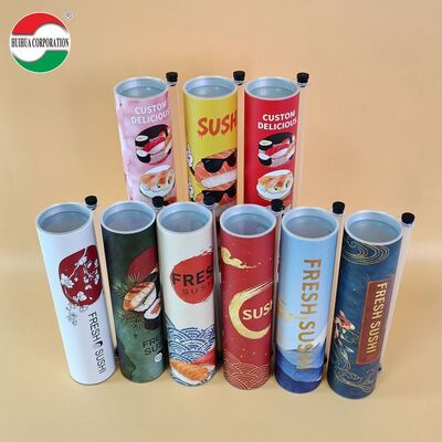 Op maat gemaakte milieuvriendelijke voedselveilige ambachtelijke papieren sushi push pop rol verpakking cilinder afhaal sushi rolkokers hete stempel logo